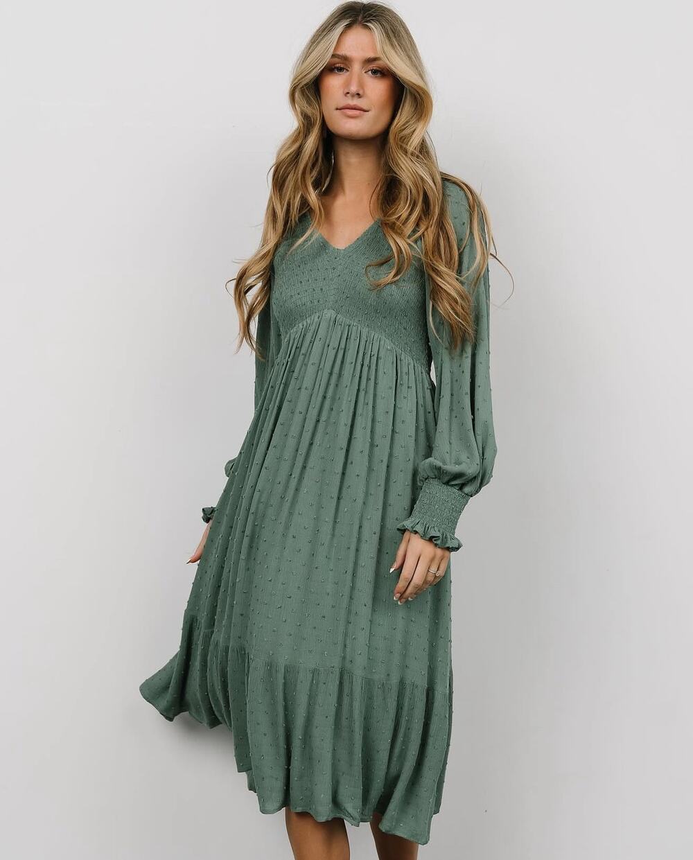 NWT Baltic Born Lainey Smocked Dotted Midi Dress Dark Sage L